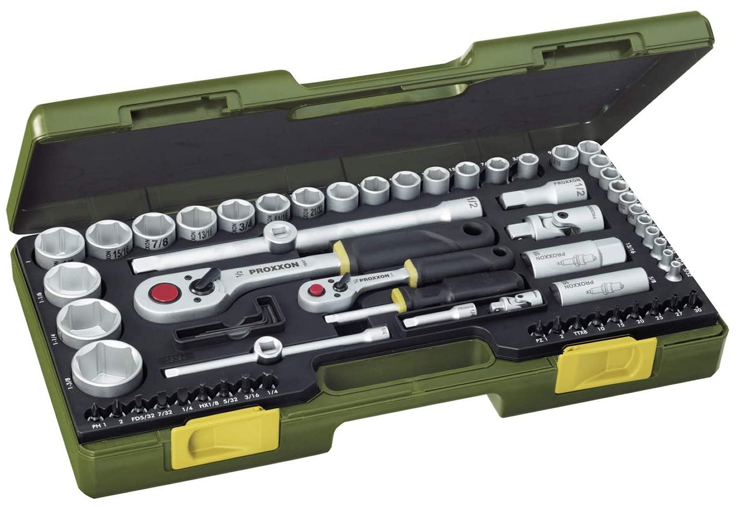 PROXXON 23294 ZOLL Steckschlüsselsatz mit 6,3mm (1/4") + 12,5mm (1/2") Antrieb ZOLL Werkzeug bis 1 3/8"