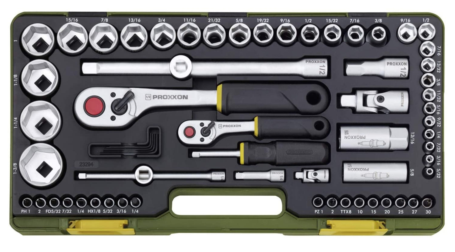 PROXXON 23294 ZOLL Steckschlüsselsatz mit 6,3mm (1/4") + 12,5mm (1/2") Antrieb ZOLL Werkzeug bis 1 3/8"