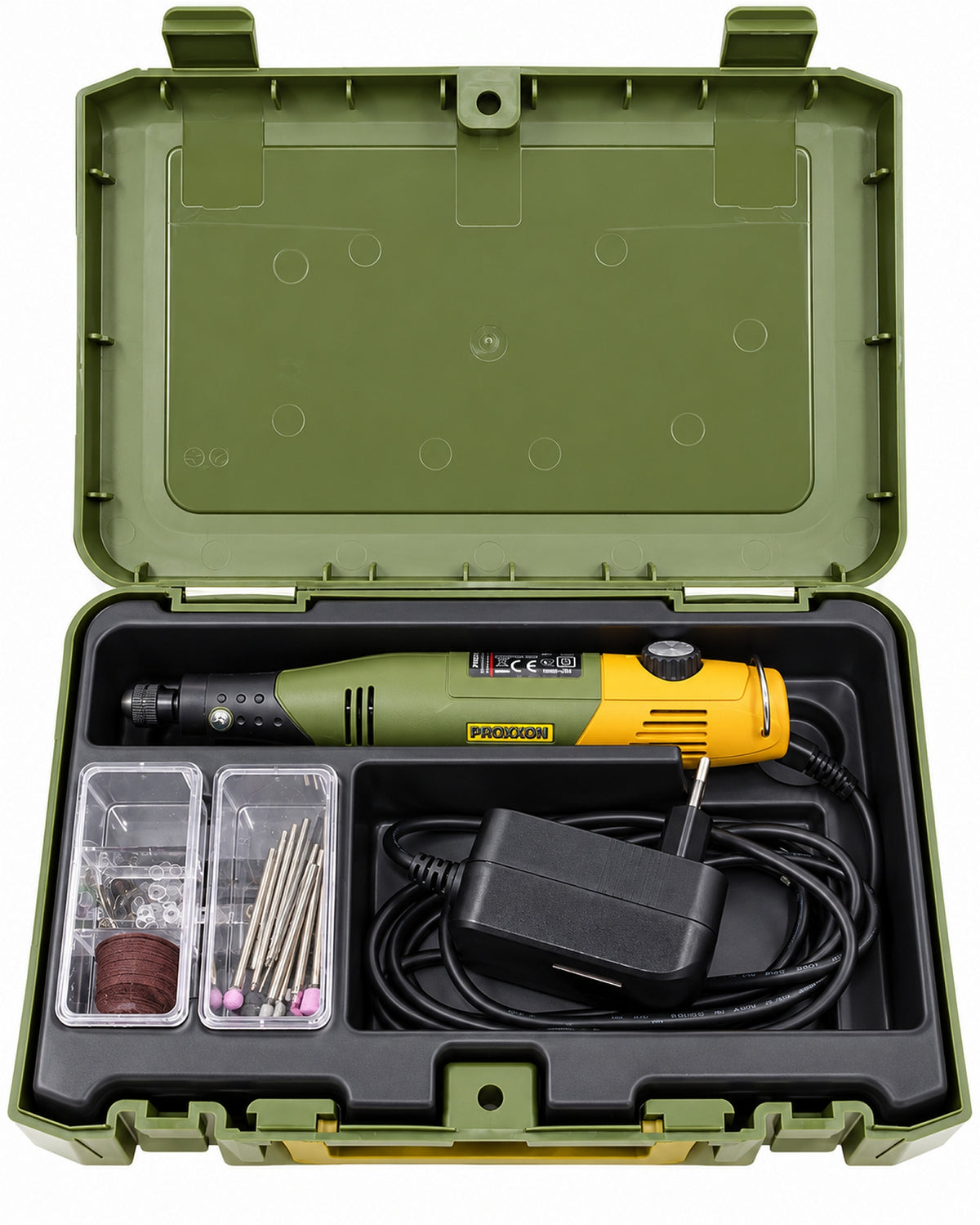 PROXXON 28505 MICROMOT 80/E Präzisionsset mit Netzteil Spannzangen und Zubehör