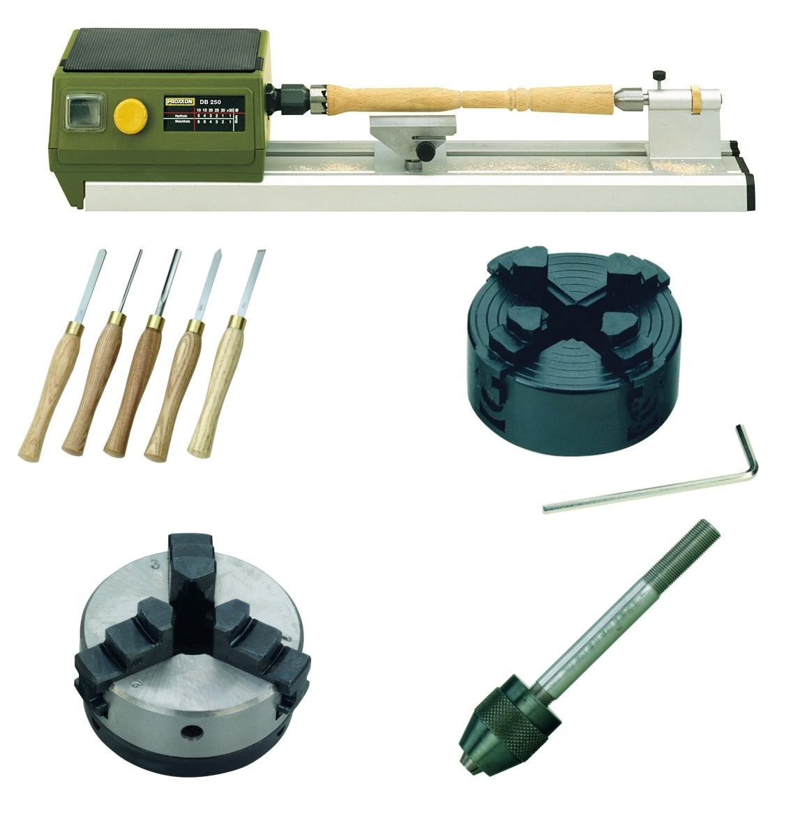 PROXXON DB 250 Drechselbank Bundle mit Spannfuttern, Drechselmeißeln & Bohrfutter