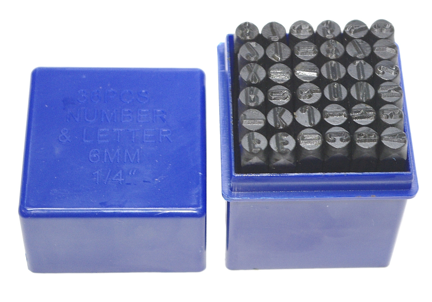 SATRA S-6NA36 Satz mit Einschlagzahlen & Einschlagbuchstaben Höhe 6mm Kästchen aus Kunststoff